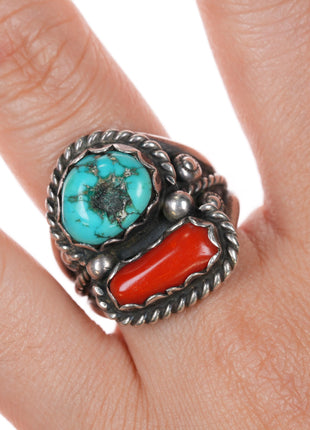 sz10 SC Navajo sterling, turquoise, and coral ring