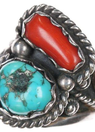 sz10 SC Navajo sterling, turquoise, and coral ring