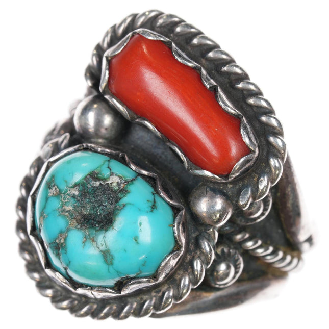 sz10 SC Navajo sterling, turquoise, and coral ring