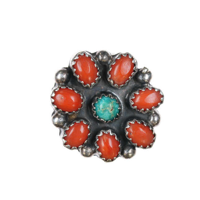 sz5 vintage Native American sterling turquoise coral cluster ring