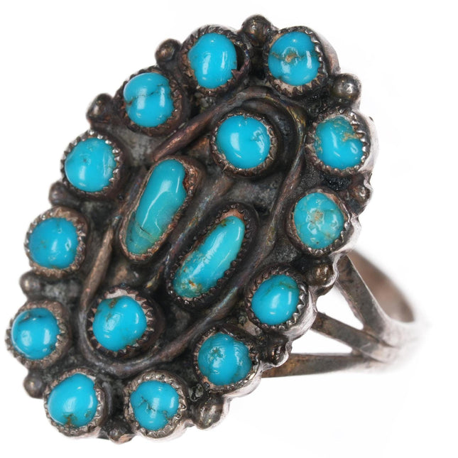 sz6 c1940's Zuni gem turquoise sterling cluster ring