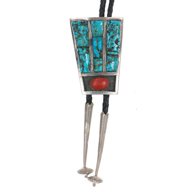 70's-80's Vintage Sterling, turquoise, coral cobblestone inlay bolo tie