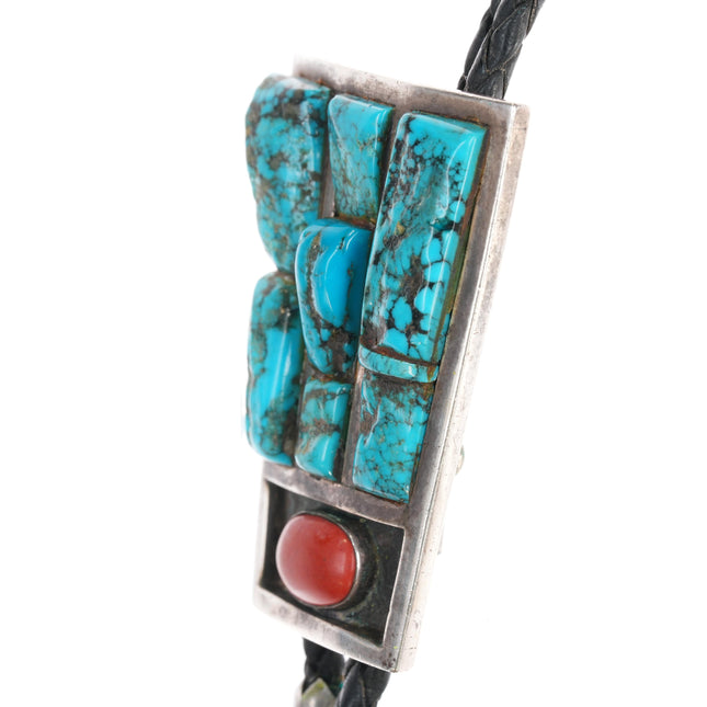 70's-80's Vintage Sterling, turquoise, coral cobblestone inlay bolo tie