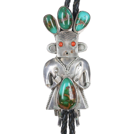 40" c1960 c-31 Royston turquoise/coral sterling kachina bolo tie