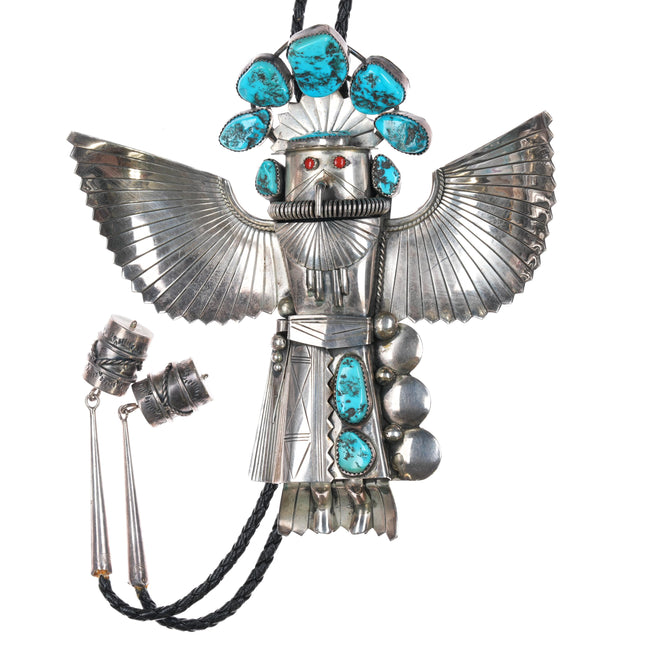 42" Huge Vintage Sterling Kachina bolo tie with turquoise coral eyes