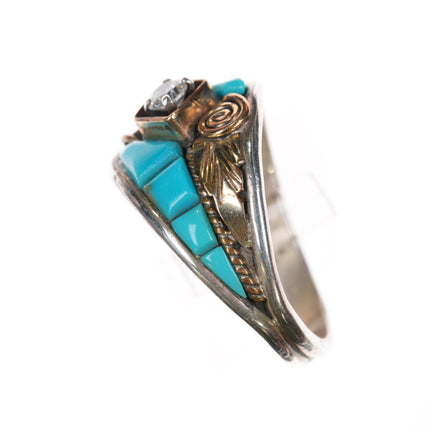 sz13 Silver Ray Navajo sterling turquoise cz ring c1980's new old stock