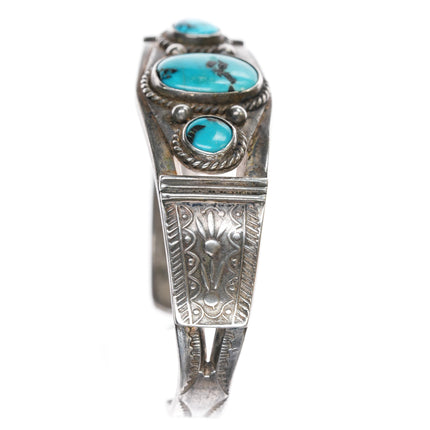 6" c1930's Navajo ingot silver cuff bracelet with three turquoise/nice stampwork