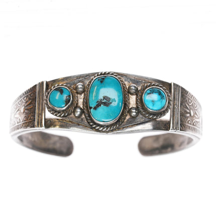 6" c1930's Navajo ingot silver cuff bracelet with three turquoise/nice stampwork