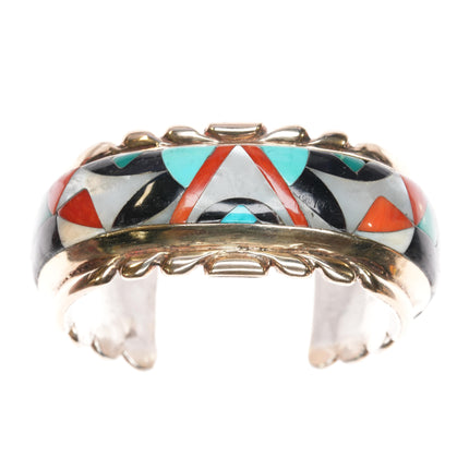 5 7/8" Wayne & Virginia Quam Zuni 14k/Sterling multi-stone inlay cuff bracelet