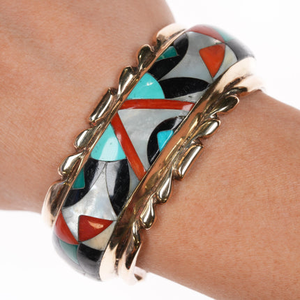 5 7/8" Wayne & Virginia Quam Zuni 14k/Sterling multi-stone inlay cuff bracelet