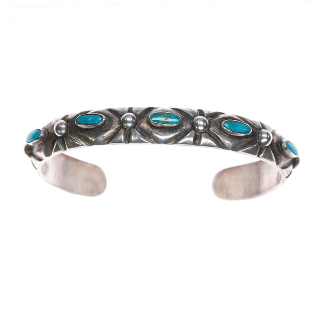 6.5" 30's-40's Navajo silver blue gem turquoise row cuff bracelet