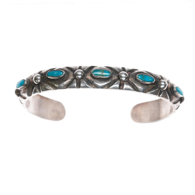 6.5" 30's-40's Navajo silver blue gem turquoise row cuff bracelet - Estate Fresh Austin