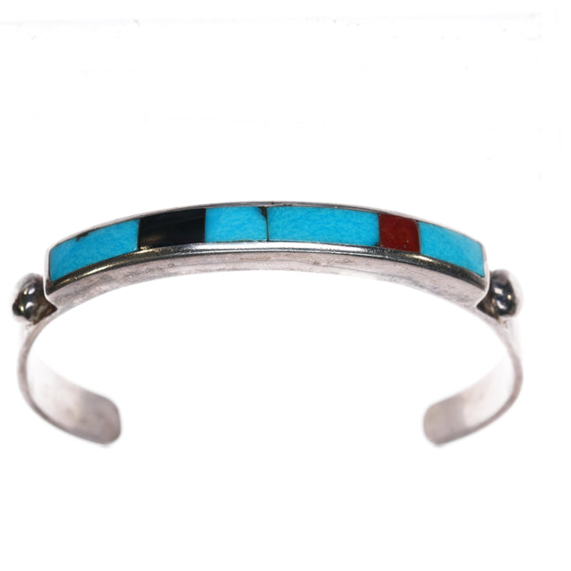 6.5" Vintage Zuni silver turquoise, coral, jet channel inlay cuff bracelet