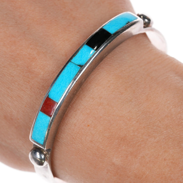 6.5" Vintage Zuni silver turquoise, coral, jet channel inlay cuff bracelet - Estate Fresh Austin