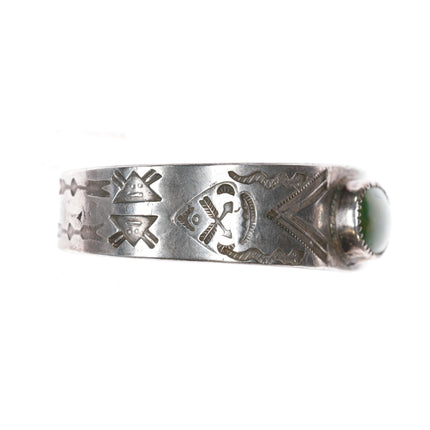 6.5" c1930's Ingot silver Native American hand stamped cuff bracelet w/turquoise