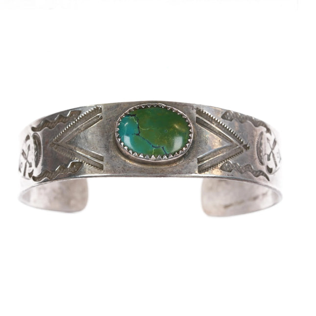 6.5" c1930's Ingot silver Native American hand stamped cuff bracelet w/turquoise - Estate Fresh Austin