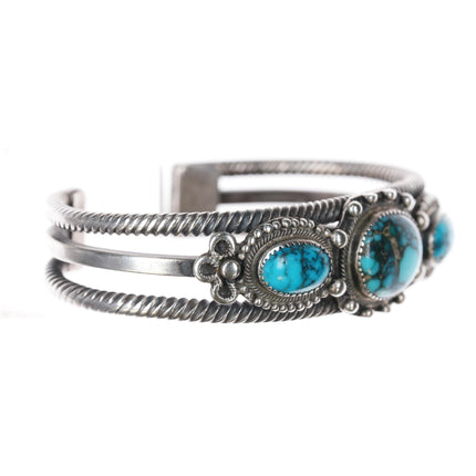 6 1/8" c1930's Navajo twisted silver wire spiderweb turquoise cuff bracelet