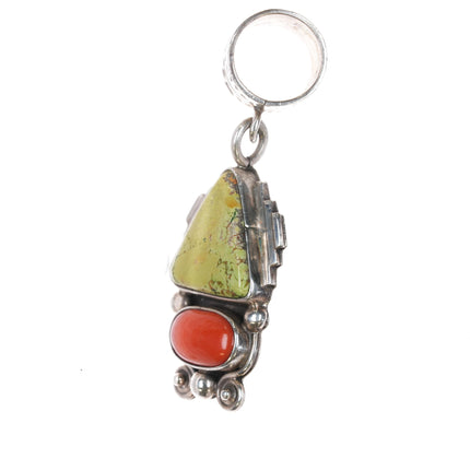 Delbert Gordon Navajo sterlin coral, and green turquoise pendant