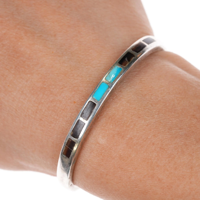5.75" Older Zuni T-shell/turquoise channel inlay sterling cuff bracelet - Estate Fresh Austin
