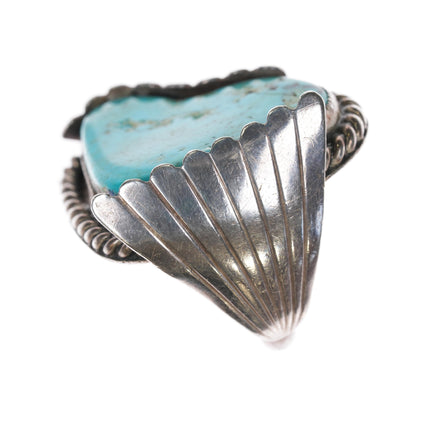 sz9 Huge Vintage Navajo sterling and turquoise ring with feather sides