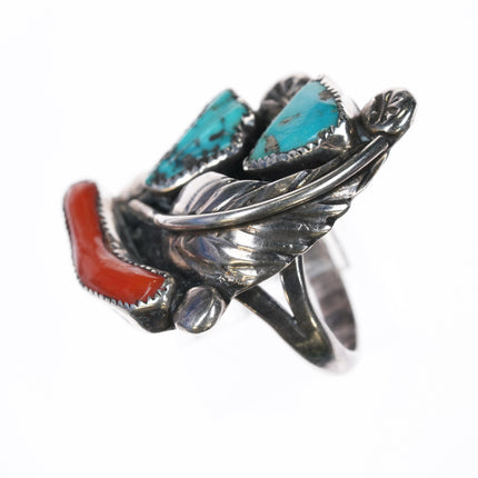 sz7.75 Felicita Eustace Cochiti Sterling, carved turquoise, coral ring