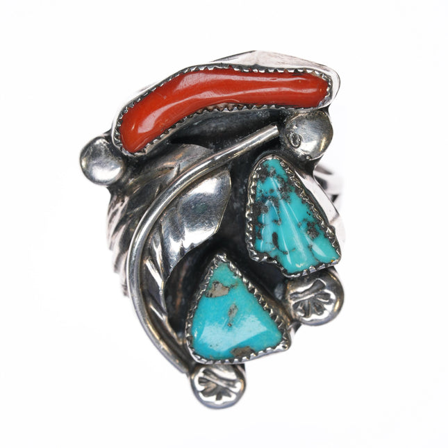 sz7.75 Felicita Eustace Cochiti Sterling, carved turquoise, coral ring