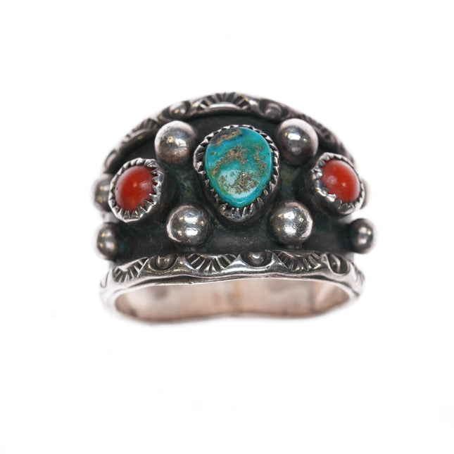 sz8.5 Vintage Native American sterling turquoise, coral band ring w/ fancy rim