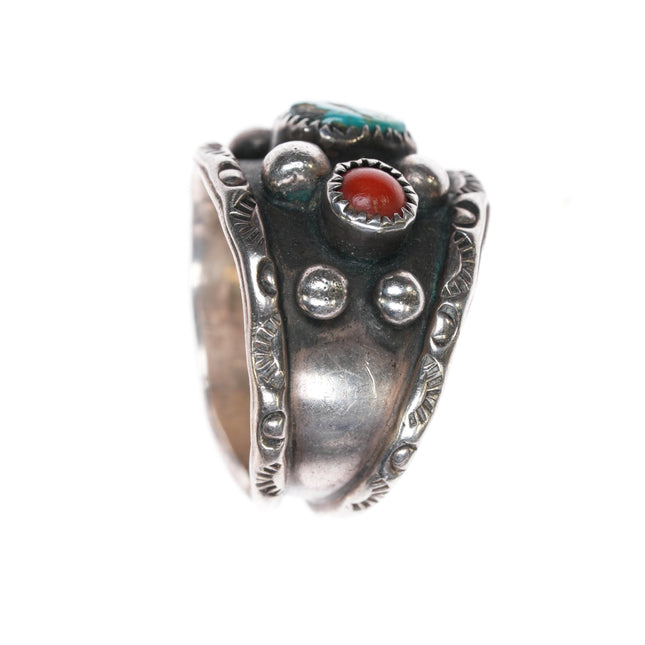 sz8.5 Vintage Native American sterling turquoise, coral band ring w/ fancy rim