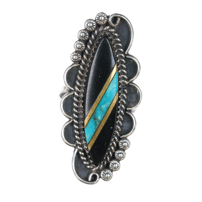 sz6.75 GS Vintage Native American sterling, jet, turquoise, brass inlay ring