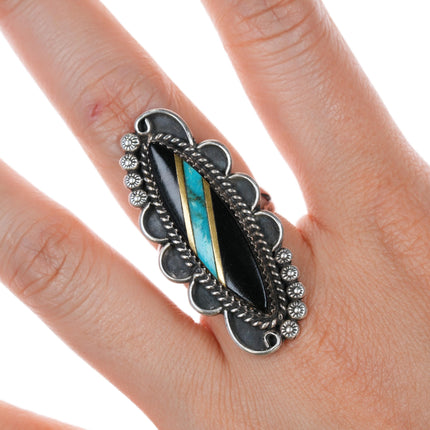 sz6.75 GS Vintage Native American sterling, jet, turquoise, brass inlay ring