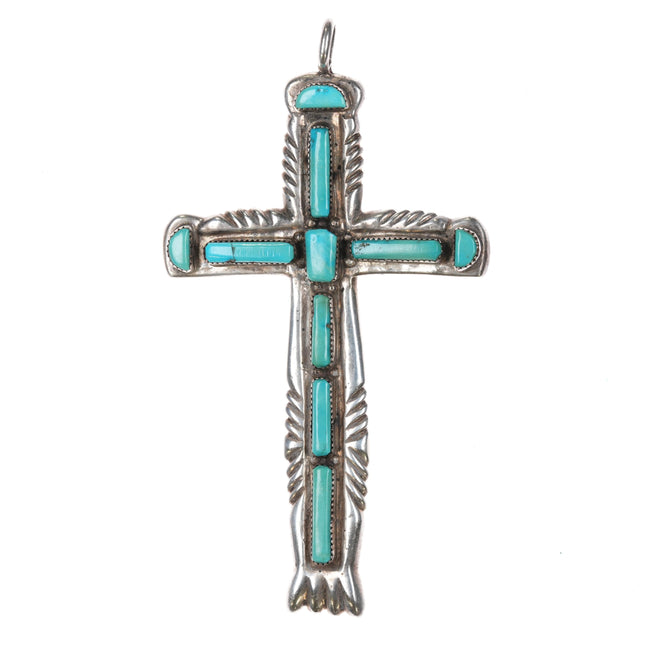 Huge Lupe Iule San Felipe Pueblo cast sterling and turquoise cross pendant