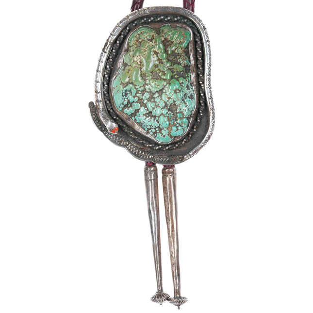 42" Huge Vintage Zuni Silver Snake bolo tie with large Natural turquoise nugget