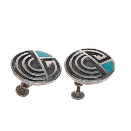 40's-50's Navajo sterling turquoise inlay overlay screw back earrings