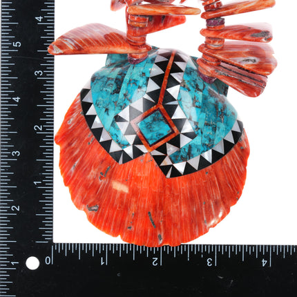 27" Large Aldrich Art Turquoise/coral inlaid Spiny oyster necklace Santo Domingo