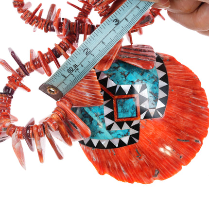 27" Large Aldrich Art Turquoise/coral inlaid Spiny oyster necklace Santo Domingo