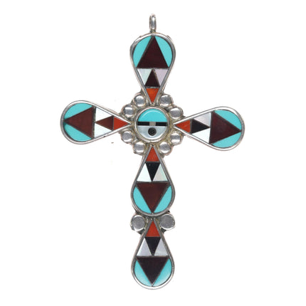 Zeno & Maryann Edaaki Zuni sterling intarsia inlay cross pendant