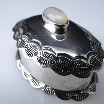 Hand Stamped Southwestern silver trinket box with mother of pearl - Estate Fresh Austin