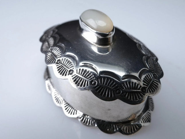 Hand Stamped Southwestern silver trinket box with mother of pearl - Estate Fresh Austin