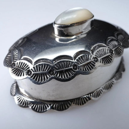 Hand Stamped Southwestern silver trinket box with mother of pearl - Estate Fresh Austin