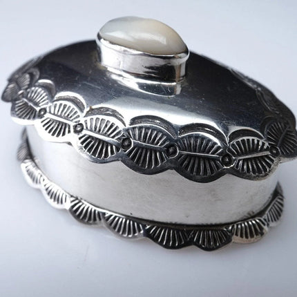 Hand Stamped Southwestern silver trinket box with mother of pearl - Estate Fresh Austin
