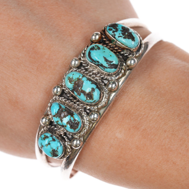 6.25" Vintage Navajo 5 stone turquoise sterling cuff bracelet v