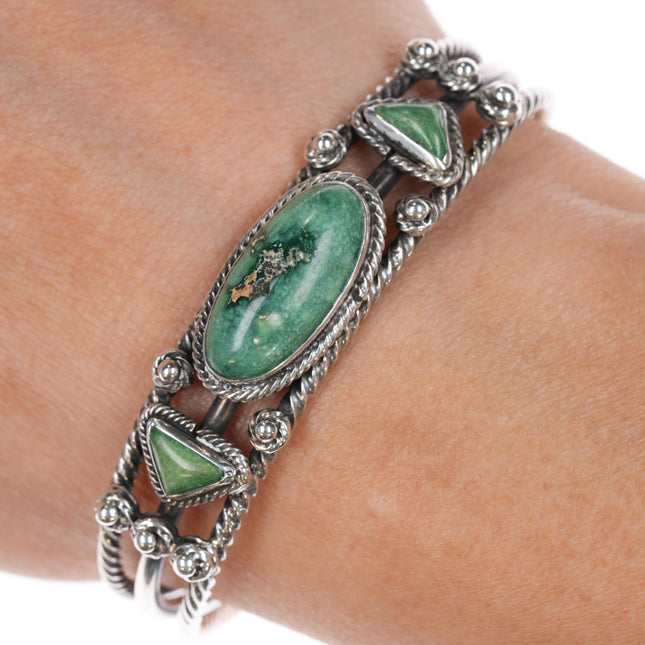 6.25" 30's-40's Navajo twisted silver wire green turquoise cuff bracelet