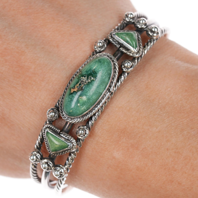 6.25" 30's-40's Navajo twisted silver wire green turquoise cuff bracelet - Estate Fresh Austin