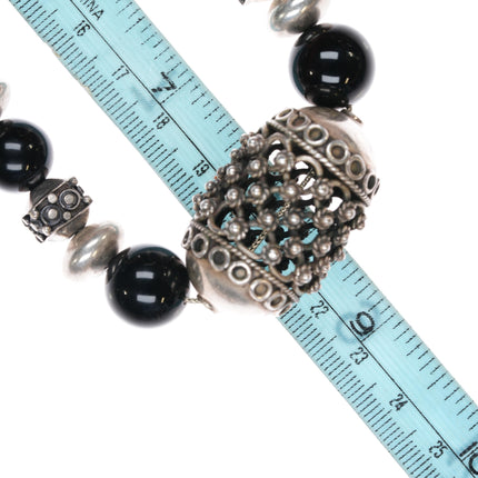 Retro 17" Sterling silver filigree black glass beaded necklace