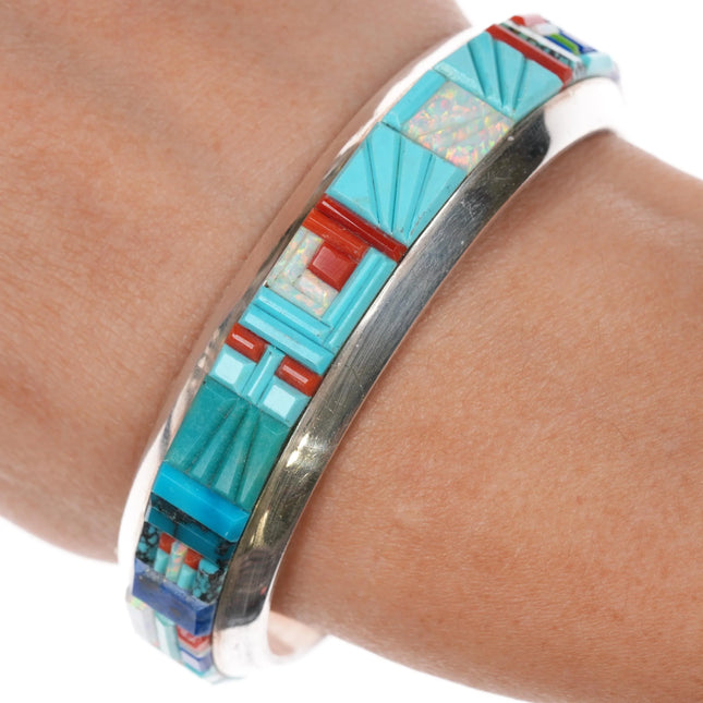6.375" KP Sterling, turquoise, Gem Silica, Opal, coral cobblestone cuff bracelet - Estate Fresh Austin