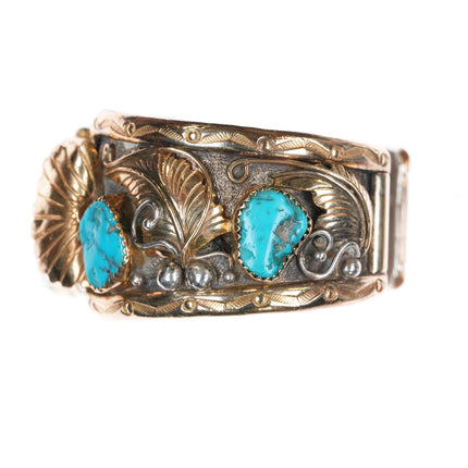 6.25" 1980's WY Navajo gold filled sterling turquoise watch cuff bracelet