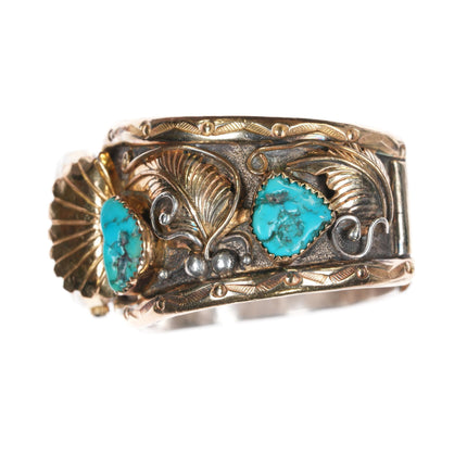 6.25" 1980's WY Navajo gold filled sterling turquoise watch cuff bracelet