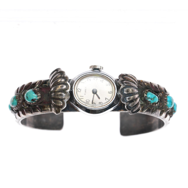 6.25" 1960's Navajo sterling and turquoise row watch cuff bracelet