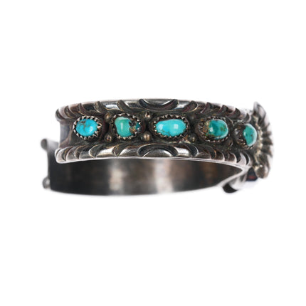 6.25" 1960's Navajo sterling and turquoise row watch cuff bracelet