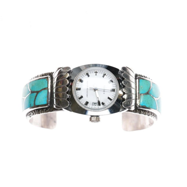 6.375" FT 50's-60's Zuni turquoise fishscale inlay watch cuff bracelet - Estate Fresh Austin